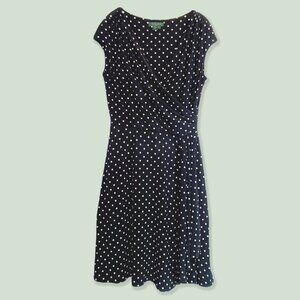 LAUREN Stretch Black & White Polka Dot Midi Length Faux Wrap Dress, Size 12